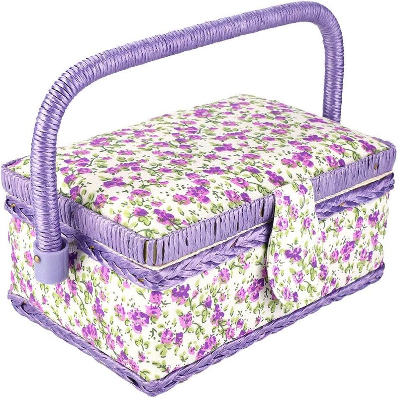 Beufee Sewing Basket, Vintage Sewing Tool Organizer Box Sewing Supplies Organizer for Storing Needles Thread, Sewing Basket with Handle & Removable Tray, Flower Pattern,Purple - Image 1